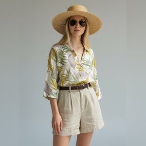 Tahari Linen Tropical Palm Leaf Print Button Down Shirt‎ Blouse Large